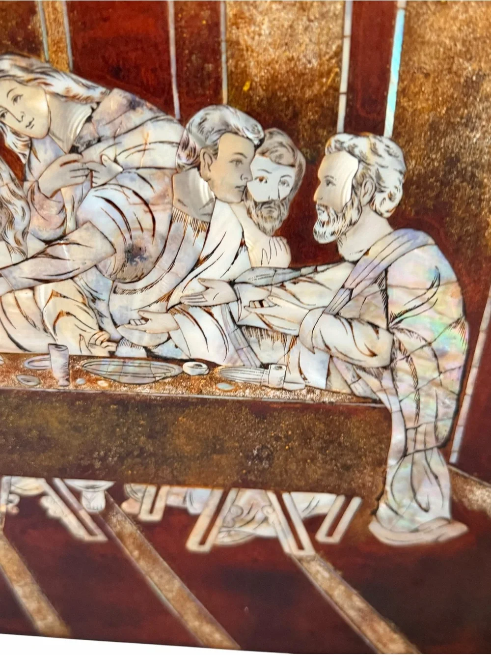 Vintage Mid Century Mother of Pearl Inlaid Jesus Last Supper Resin Plaque Wall